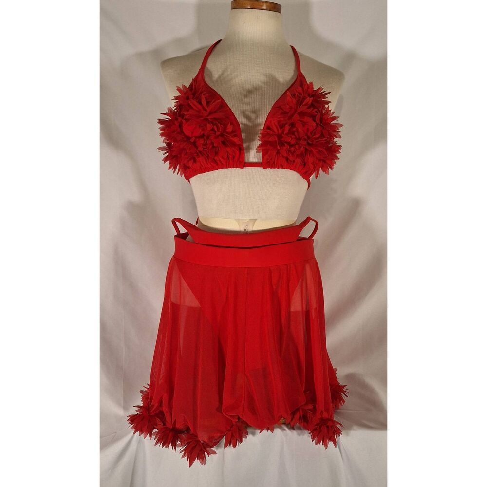 Womens 3 Piece Swimwear Halter Triangle Bikini Swimsuit Mesh Skirt Red Sz XL NEW